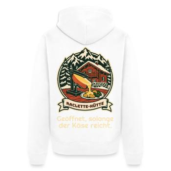 Raclette-Hütte: offen, solange der Käse reicht - Unisex Premium Bio Zip Hoodie - Weiß - Hinten - Thijin (182cm)