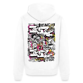 Neon-Graffiti auf urbaner Silhouette - Unisex Premium Bio Zip Hoodie - Weiß - Hinten - Thijin (182cm)