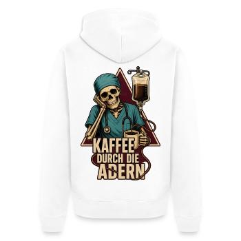 Kaffee Durch Die Adern – Pflegekraft Skelett - Unisex Premium Bio Zip Hoodie - Weiß - Hinten - Thijin (182cm)