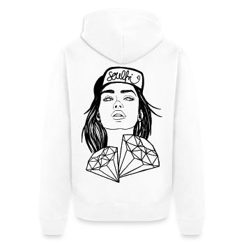 Frau mit Diamanten – Line Art Porträt soulfri - Unisex Premium Bio Zip Hoodie - Weiß - Hinten - Thijin (182cm)