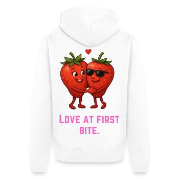 Liebe auf den ersten Biss Erdbeeren Karikatur  - Unisex Premium Bio Zip Hoodie - Weiß - Hinten - Thijin (182cm)