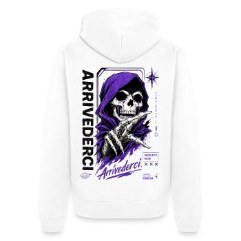 Lila Hood Totenkopf-Reaper Grafik - Unisex Premium Bio Zip Hoodie - Weiß - Hinten - Thijin (182cm)