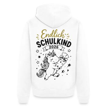 Endlich Einschulung 2026 Einhorn Geschenk - Unisex Premium Bio Zip Hoodie - Weiß - Hinten - Thijin (182cm)
