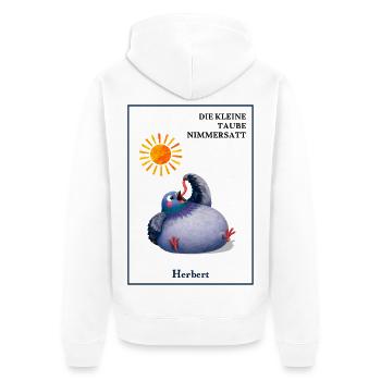 DIE KLEINE TAUBE NIMMERSATT - Herbert - mit Wurm - Unisex Premium Bio Zip Hoodie - Weiß - Hinten - Thijin (182cm)