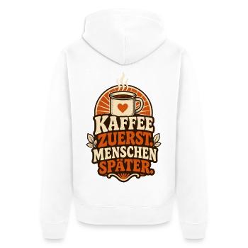 Kaffee zuerst – Lustiger Morgenmuffel Spruch - Unisex Premium Bio Zip Hoodie - Weiß - Hinten - Thijin (182cm)