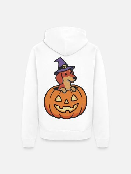 Dackel Kürbishexe - Unisex Premium Bio Zip Hoodie - Weiß