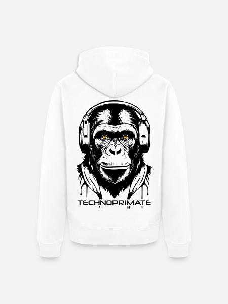 Techno Primate Kopfhörer Ape Art #1 Schwarz - Unisex Premium Bio Zip Hoodie - Weiß