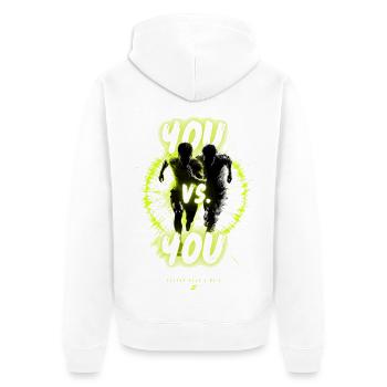 YOU vs YOU Fitness-Duell - Unisex Premium Bio Zip Hoodie - Weiß - Hinten - Thijin (182cm)