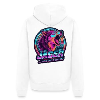  Jäger Wolf – Neon Power - Unisex Premium Bio Zip Hoodie - Weiß - Hinten - Thijin (182cm)