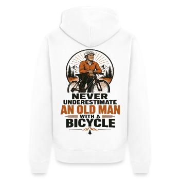 Nie unterschätze einen alten Mann auf dem Fahrrad - Unisex Premium Bio Zip Hoodie - Weiß - Hinten - Thijin (182cm)