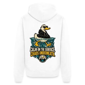 RobVibe Wildclub – Ruhige Oberflächenente - Unisex Premium Bio Zip Hoodie - Weiß - Hinten - Thijin (182cm)
