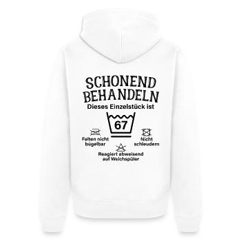 Schonend Behandeln 67. Geburtstag Einzelstück 67 - Unisex Premium Bio Zip Hoodie - Weiß - Hinten - Thijin (182cm)