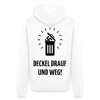 Deckel Drauf Und Weg! (Gegen Rechts / Black) - Unisex Premium Bio Zip Hoodie - Weiß - Hinten - Thijin (182cm)