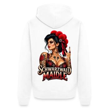 Schwarzwald Maidle – Wild & Rockig - Unisex Premium Bio Zip Hoodie - Weiß - Hinten - Thijin (182cm)