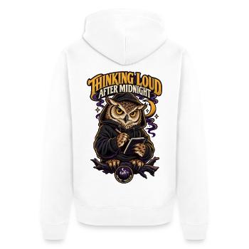 RobVibe Wild Club – Owl Thinking After Midnight - Unisex Premium Bio Zip Hoodie - Weiß - Hinten - Thijin (182cm)