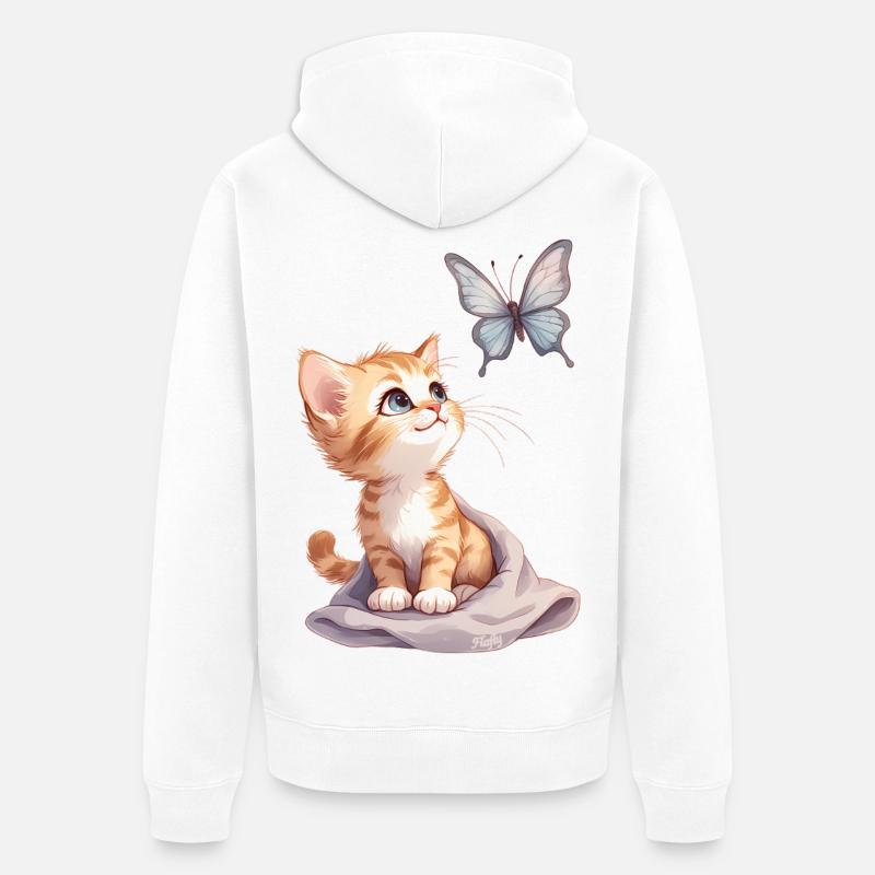 Kawaii Curious Chatten et Papillon 🐱🦋 - Veste à capuche bio Premium Unisexe - blanc