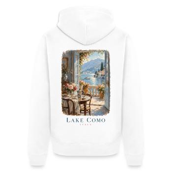 Der Comer See durch ein offenes Fenster - Unisex Premium Bio Zip Hoodie - Weiß - Hinten - Thijin (182cm)