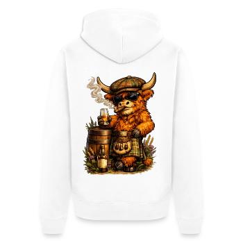 Highland Cattle with Whisky Barrel, Cigar and Kilt - Unisex Premium Organic Zip Hoodie - white - Back - Thijin (182cm)
