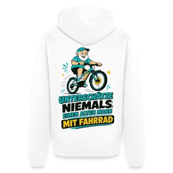 Unterschätze NIEMALS alten Mann mit Fahrrad - Unisex Premium Bio Zip Hoodie - Weiß - Hinten - Thijin (182cm)