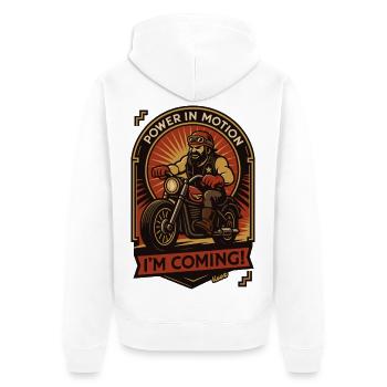 Puissance en mouvement : J’arrive, motard - Veste à capuche bio Premium Unisexe - blanc - Dos - Thijin (182cm)