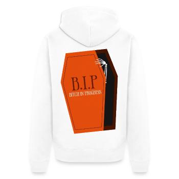 B.I.P. Sarg-Druck - Unisex Premium Bio Zip Hoodie - Weiß - Hinten - Thijin (182cm)