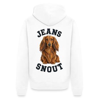 Roter Langhaardackel im Jeansflicken-Stil - Unisex Premium Bio Zip Hoodie - Weiß - Hinten - Thijin (182cm)