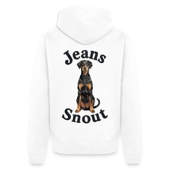 Schwarzer Dobermann im Jeansflicken-Stil - Unisex Premium Bio Zip Hoodie - Weiß - Hinten - Thijin (182cm)