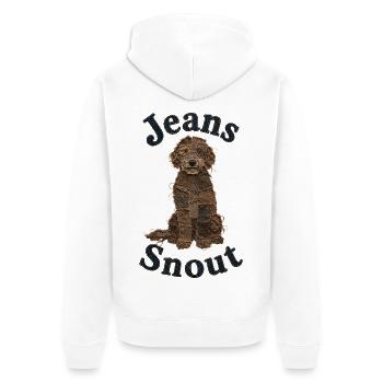 Brauner Doodle im Jeansflicken-Stil - Unisex Premium Bio Zip Hoodie - Weiß - Hinten - Thijin (182cm)
