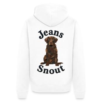 Brauner Labrador Retriever im Jeansflicken-Stil - Unisex Premium Bio Zip Hoodie - Weiß - Hinten - Thijin (182cm)