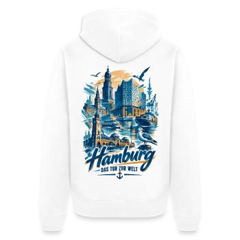 Hamburg Silhouette – Das Tor zur Welt Design - Unisex Premium Bio Zip Hoodie - Weiß - Hinten - Thijin (182cm)