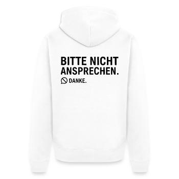 Bitte nicht ansprechen. Danke. | Introvertiert - Unisex Premium Bio Zip Hoodie - Weiß - Hinten - Thijin (182cm)