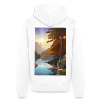 Paysage avec lac, soleil, bateau et montagnes - Veste à capuche bio Premium Unisexe - blanc - Dos - Thijin (182cm)