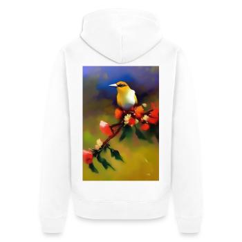 Oiseau sur branche avec des fleurs colorées - Veste à capuche bio Premium Unisexe - blanc - Dos - Thijin (182cm)