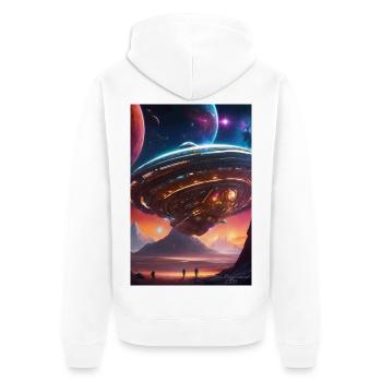 Nebula-Liner über Crimson Valleys - Unisex Premium Bio Zip Hoodie - Weiß - Hinten - Thijin (182cm)