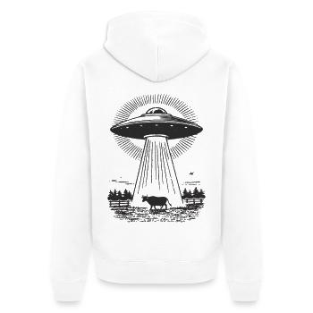UFO-Landung über Weide und Kuh - Unisex Premium Bio Zip Hoodie - Weiß - Hinten - Thijin (182cm)