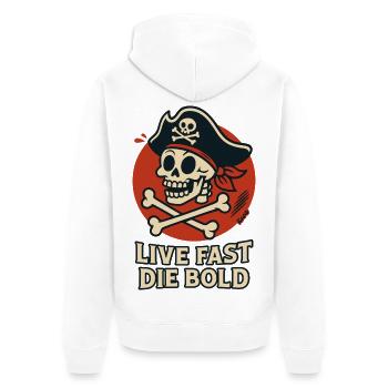 Schädelpirat Lebe Schnell–Sei Kühn - Unisex Premium Bio Zip Hoodie - Weiß - Hinten - Thijin (182cm)
