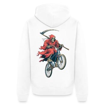 Skelett im Roten Umhang auf Fahrrad - Unisex Premium Bio Zip Hoodie - Weiß - Hinten - Thijin (182cm)