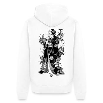 Kitsune-Königin – Japanische Fuchsgeist-Geisha - Unisex Premium Bio Zip Hoodie - Weiß - Hinten - Thijin (182cm)
