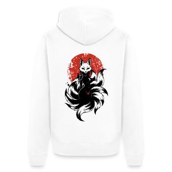 Kitsune Nine Tailed Fox - Japanese Ink Red Sun Yok - Unisex Premium Organic Zip Hoodie - white - Back - Thijin (182cm)