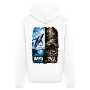 Same Ocean. Two Futures. – Buckelwal  - Unisex Premium Bio Zip Hoodie - Weiß - Hinten - Thijin (182cm)