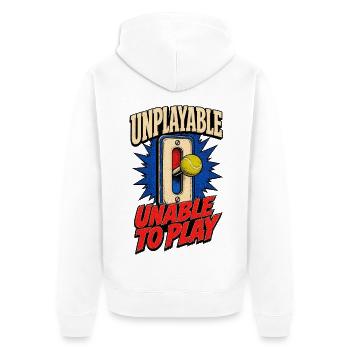 Unplayable – Unable to Play  - Unisex Premium Bio Zip Hoodie - Weiß - Hinten - Thijin (182cm)