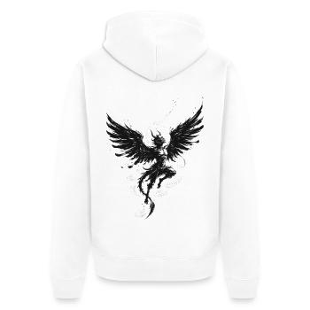 Tengu Akai Flug – Geflügelter Dämon Sumi-e Schwarzrot - Unisex Premium Bio Zip Hoodie - Weiß - Hinten - Thijin (182cm)
