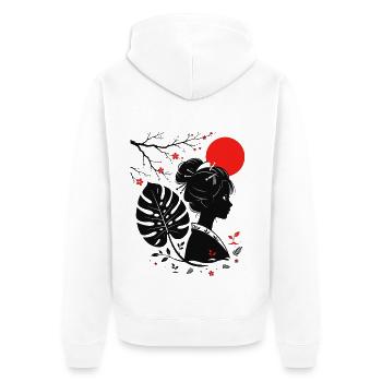 Geisha Eco Monstera - Sakura Anime Girl Sun Ro - Unisex Premium Organic Zip Hoodie - white - Back - Thijin (182cm)