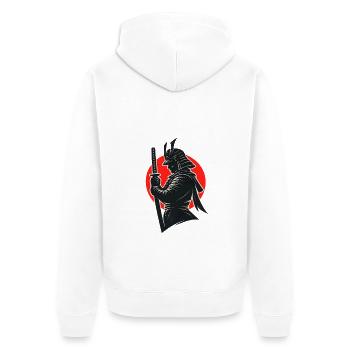 Samurai-Silhouette unter roter Sonne - Unisex Premium Bio Zip Hoodie - Weiß - Hinten - Thijin (182cm)