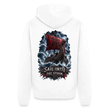 Sail Into the Storm – Wikinger Langschiff - Unisex Premium Bio Zip Hoodie - Weiß - Hinten - Thijin (182cm)