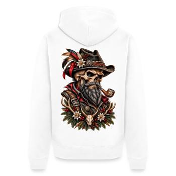 Alpine Outlaw – Wilder Skull mit Pfeife - Unisex Premium Bio Zip Hoodie - Weiß - Hinten - Thijin (182cm)