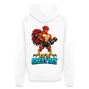 Es ist Brusttag – Muscular Rooster Gym Workout - Unisex Premium Bio Zip Hoodie - Weiß - Hinten - Thijin (182cm)