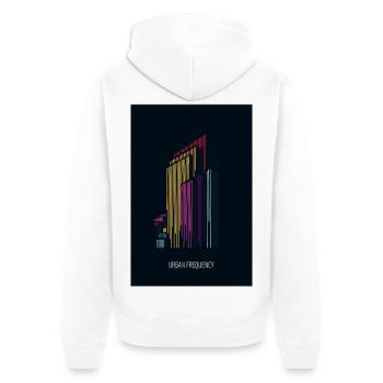 Urban Frequency – Moderne Skyline mit Schriftzug - Unisex Premium Bio Zip Hoodie - Weiß - Hinten - Thijin (182cm)