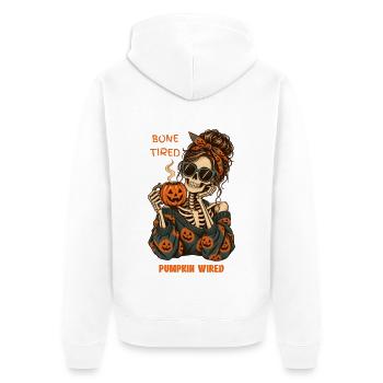 Knochenmüde, mit Kürbis verdrahtetes Halloween-Skelett - Unisex Premium Bio Zip Hoodie - Weiß - Hinten - Thijin (182cm)
