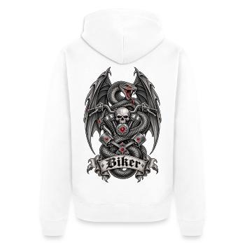 Biker – Totenkopf, Schlange & dunkle Flügel - Unisex Premium Bio Zip Hoodie - Weiß - Hinten - Thijin (182cm)